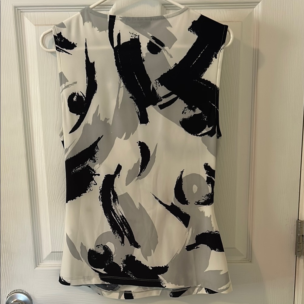 DKNY Black and White Asymmetrical Tie Front Blouse - Picture 2 of 4